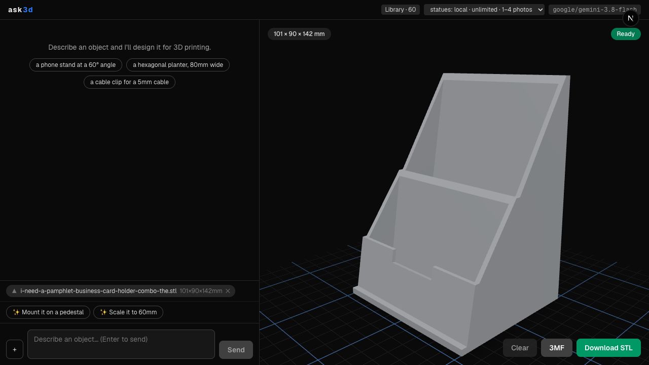 Ask3D showing a printable pamphlet and business card holder beside its conversational design interface.
