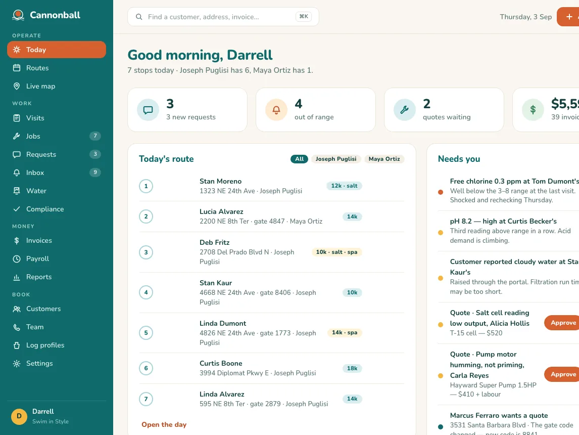 Cannonball web console showing routes, service requests, water readings, quotes, and invoices.
