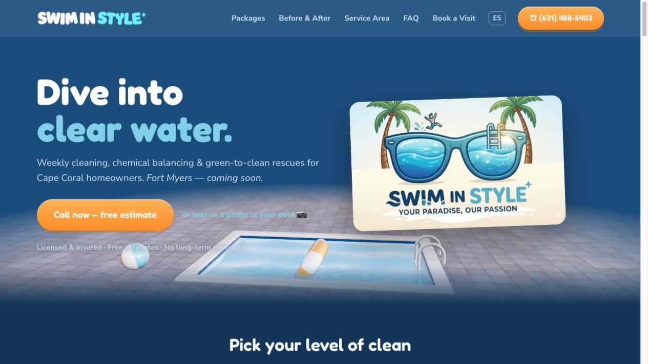 Swim in Style pool service website, with service packages, a booking request, and a 3D pool scene.